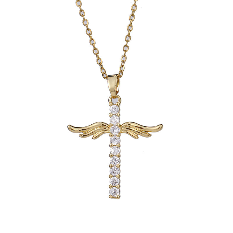 Venta al por mayor, alas de ángel de cobre, colgante cruzado, collar de circón micropavimentado